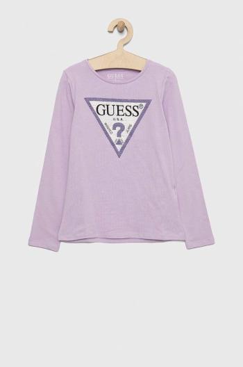 Dětské tričko s dlouhým rukávem Guess fialová barva