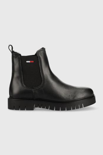 Kožené kotníkové boty Tommy Jeans Warmlined Chelsea Boot dámské, černá barva, na plochém podpatku, zateplené