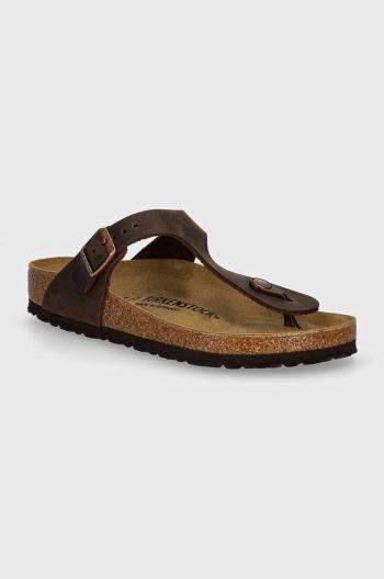 Nubukové žabky Birkenstock hnědá barva, na plochém podpatku