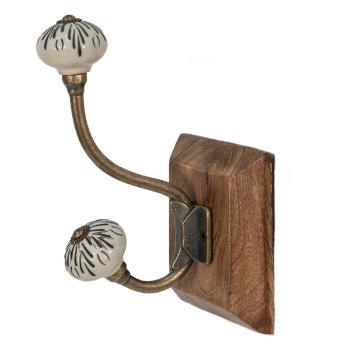 Kovový nástěnný háček s keramickými knopkami na dřevěné desce Bao - 10*11*18 cm 65164
