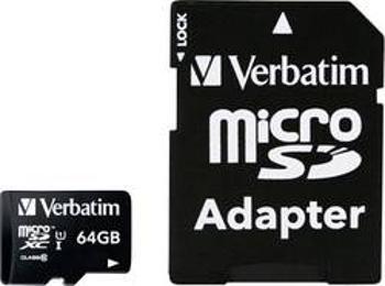 Paměťová karta microSDXC, 64 GB, Verbatim MICRO SDXC 64GB CL 10 ADAP, Class 10, vč. SD adaptéru