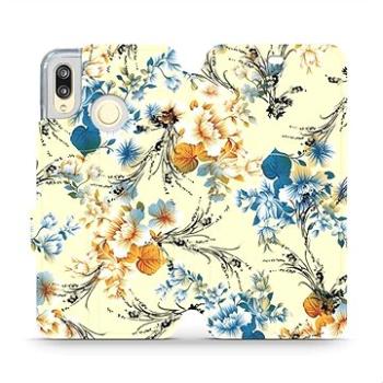 Flipové pouzdro na mobil Huawei P20 Lite - MX05S Modré a oranžové květy na žlutém pozadí (5903516015702)