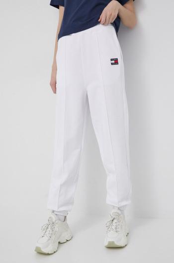 Bavlněné kalhoty Tommy Jeans dámské, bílá barva, hladké