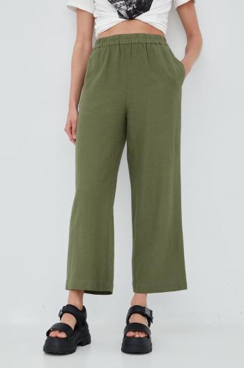 Kalhoty s příměsí lnu Vila zelená barva, high waist