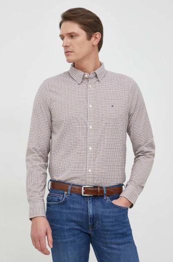 Bavlněné tričko Tommy Hilfiger béžová barva, slim, s límečkem button-down