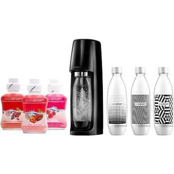 SodaStream Spirit Black + láhev + příchutě JAHODA, ZAHRADNÍ OVOCE, MALINA