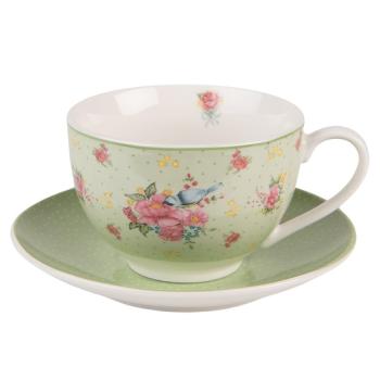 Zelený porcelánovýšálek s podšálkem s květy a ptáčkem Cheerful Birdie - 12*9*6cm/ 200ml CHBKS