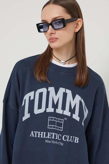 Bavlněná mikina Tommy Jeans dámská, tmavomodrá barva, s potiskem, DW0DW18144