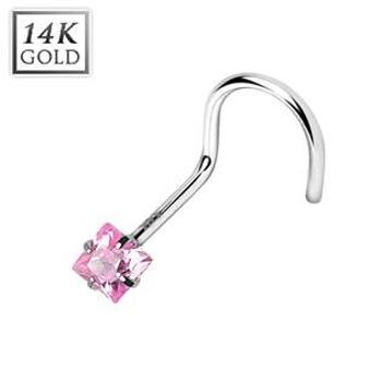 Šperky4U Zlatý piercing do nosu - čtvercový zirkon růžový, Au 585/1000 - ZL01114P-WG