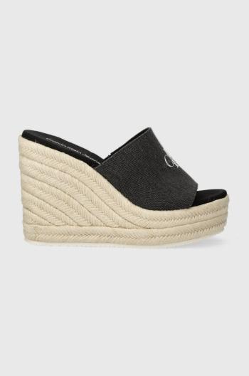 Pantofle Calvin Klein Jeans SLIDE WEDGE ROPE SANDAL ML BTW dámské, černá barva, na klínku, YW0YW01356