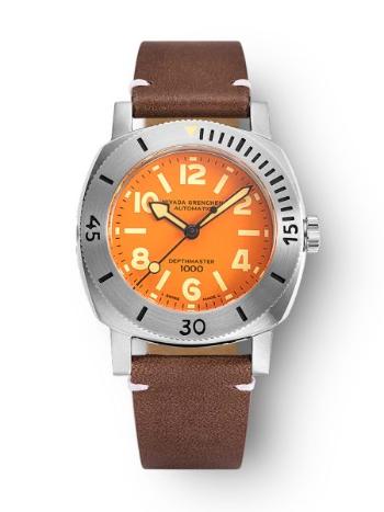 Nivada Grenchen Depthmaster Numerals Orange - Brown Leather White Stitching