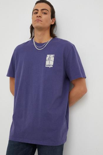 Bavlněné tričko Wrangler fialová barva, s potiskem