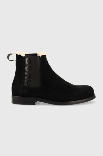 Semišové kotníkové boty HUGO Noah dámské, černá barva, na plochém podpatku, lehce zateplené