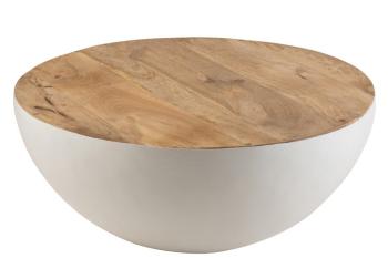 Bílý kovový stůl s dřevěnou deskou Mango - Ø 90*38 cm 1531