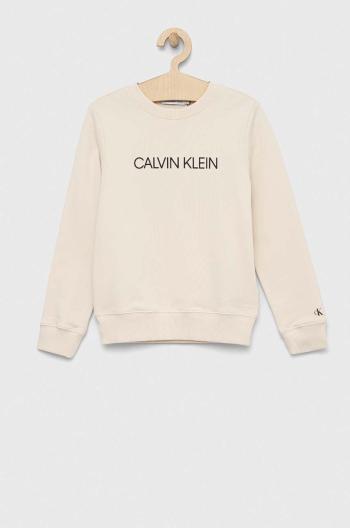 Dětská bavlněná mikina Calvin Klein Jeans béžová barva, hladká