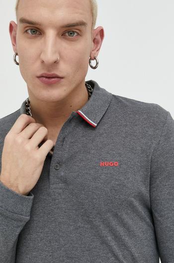 Bavlněné tričko s dlouhým rukávem HUGO šedá barva