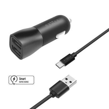 Set autonabíječky FIXED s 2xUSB výstupem a USB/USB-C kabelu, 1 metr, 15W Smart Rapid Charge, černá