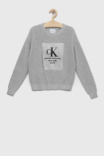 Dětský bavlněný svetr Calvin Klein Jeans stříbrná barva, lehký