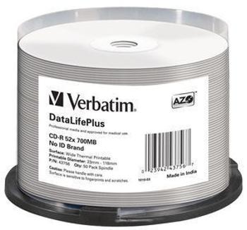 VERBATIM CD-R(50-pack) spindl, AZO 52X,700MB,WHITE WIDE THERMAL PRINTABLE SURFACE NON-ID, 43756