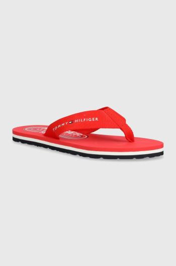 Žabky Tommy Hilfiger GLOBAL STRIPES FLAT BEACH SANDAL dámské, červená barva, na plochém podpatku, FW0FW07856