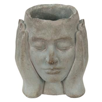 Šedý cementový květináč hlava ženy v dlaních - 18*17*21 cm 6TE0411
