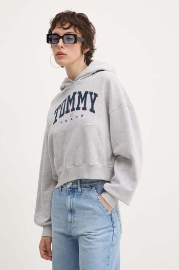 Bavlněná mikina Tommy Jeans dámská, šedá barva, s kapucí, s potiskem, DW0DW19291