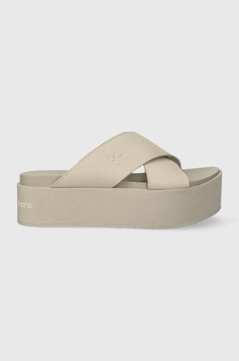 Kožené pantofle Calvin Klein Jeans FLATFORM CROSS MG UC dámské, béžová barva, na platformě, YW0YW01349