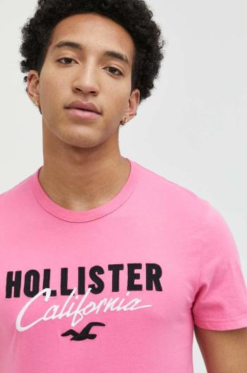 Bavlněné tričko Hollister Co. růžová barva, s aplikací