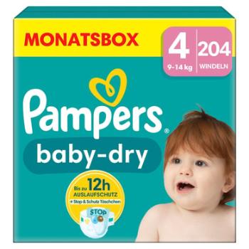 Pampers Plenky Baby-Dry, velikost 4, 9-14 kg, měsíční balení (1 x 204 plenek)