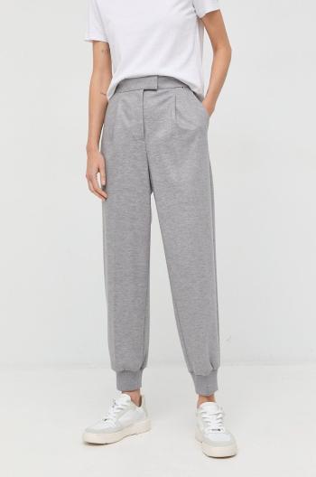 Vlněné kalhoty BOSS dámské, šedá barva, high waist