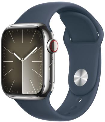 Apple Watch Series 9, Cellular, 41mm, Silver Stainless Steel, Blue Sport Band - M/L (MRJ33QC/A)