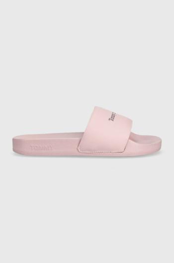 Pantofle Tommy Jeans PRINTED PU POOL SLD dámské, růžová barva, EN0EN02107