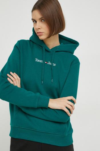 mikina Tommy Jeans dámská, zelená barva, s kapucí, s aplikací
