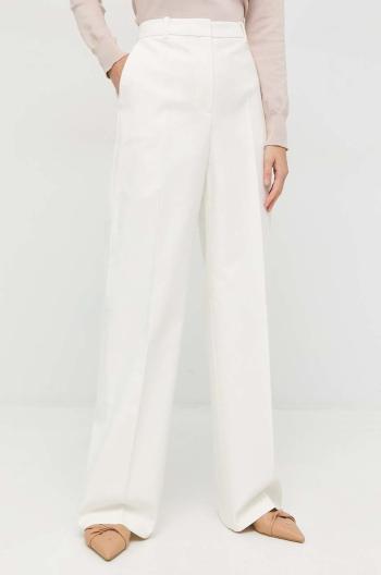 Bavlněné kalhoty BOSS dámské, bílá barva, široké, high waist