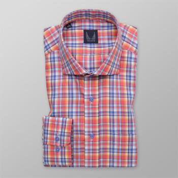 Pánská klasická košile oranžové barvy s barevným kostkovaným vzorem 14805 176-182 / L (41/42)