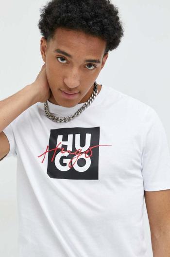 Bavlněné tričko HUGO bílá barva, s potiskem