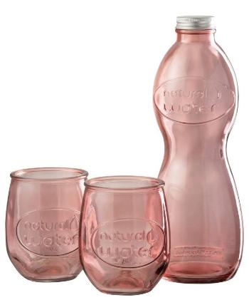 Růžová skleněná láhev a 2skleničky Natural - Ø 10*26cm 4201