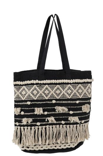 Černo-krémová kabelka Monochrome Boho s třásněmi - 40*45cm 94937