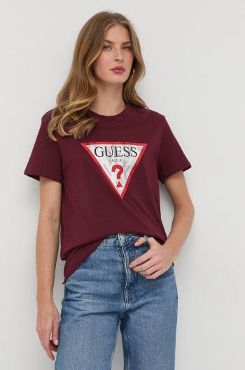 Bavlněné tričko Guess vínová barva