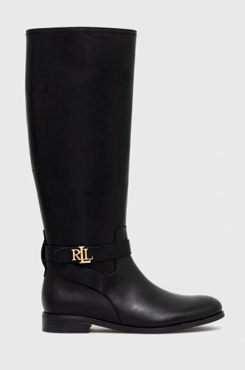 Kožené kozačky Lauren Ralph Lauren Brittaney dámské, černá barva, na plochém podpatku
