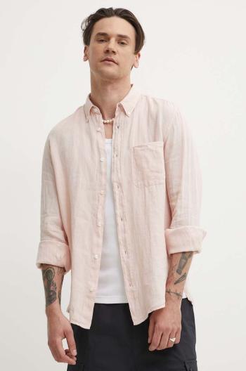 Lněná košile HUGO růžová barva, regular, s límečkem button-down, 50514162