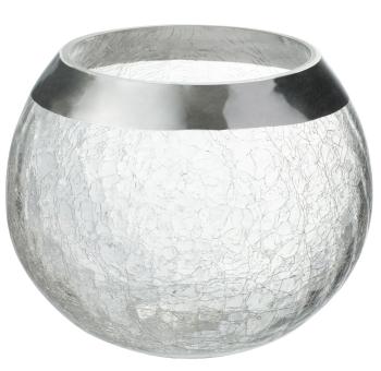 Transparentní skleněný kulatý svicen na čajovou svíčku se stříbrným zdobením - Ø 15*12 cm 65145