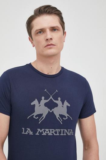 Bavlněné tričko La Martina tmavomodrá barva, s aplikací