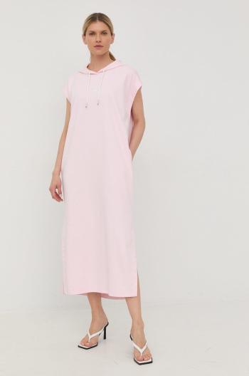 Bavlněné šaty BOSS růžová barva, maxi, oversize