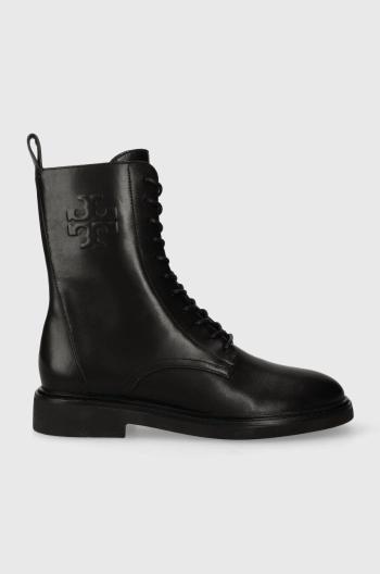 Kožené kotníkové boty Tory Burch DOUBLE T COMBAT BOOT dámské, černá barva, na plochém podpatku, 154336-006