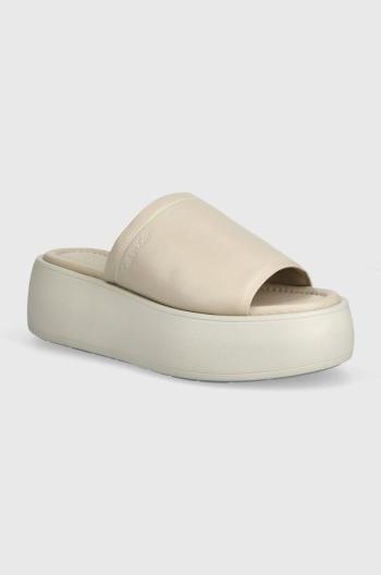 Kožené pantofle Calvin Klein FLATFORM SLIDE LTH dámské, béžová barva, na platformě, HW0HW01943