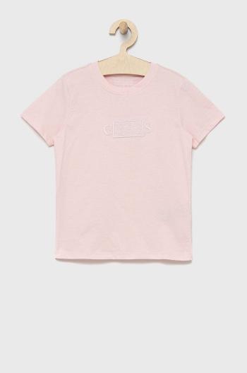 Dětské bavlněné tričko Guess růžová barva, s aplikací