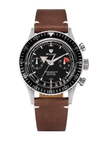 Nivada Grenchen Chronomaster Broad Arrow N Manual - Brown leather White Stitching