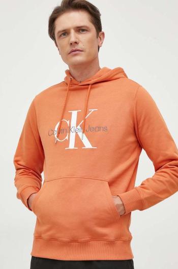 Bavlněná mikina Calvin Klein Jeans pánská, oranžová barva, s kapucí, s potiskem, J30J320805