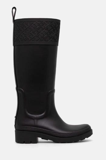 Holínky Tommy Hilfiger RUBBER LONG BOOT MONOGRAM dámské, černá barva, FW0FW08161